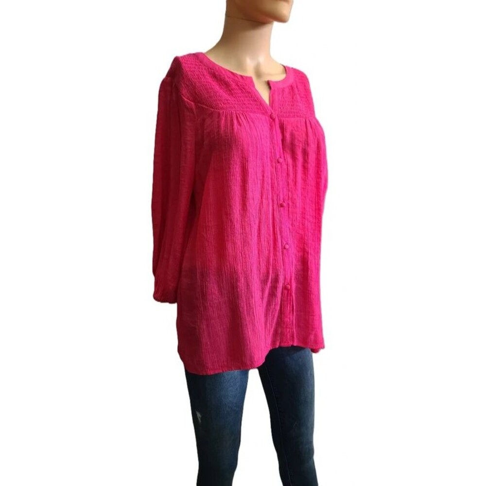 Nanette Lepore Womens Large Hot Pink Smocked Split Neck Boho Blouse Top Crinkle